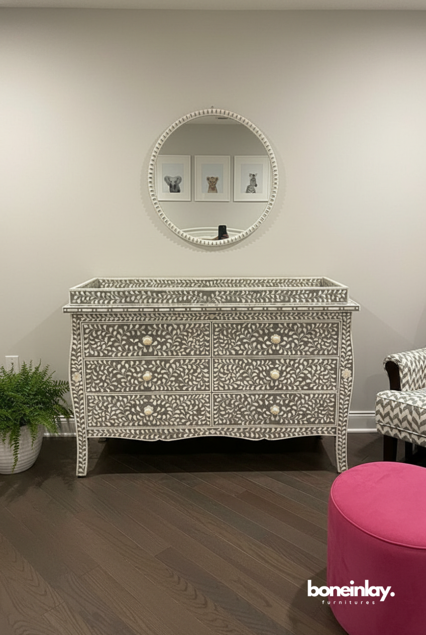grey nursery dresser Newport Cottage Convertible Crib and A softy textured Weathered Espresso Baby Furniture |