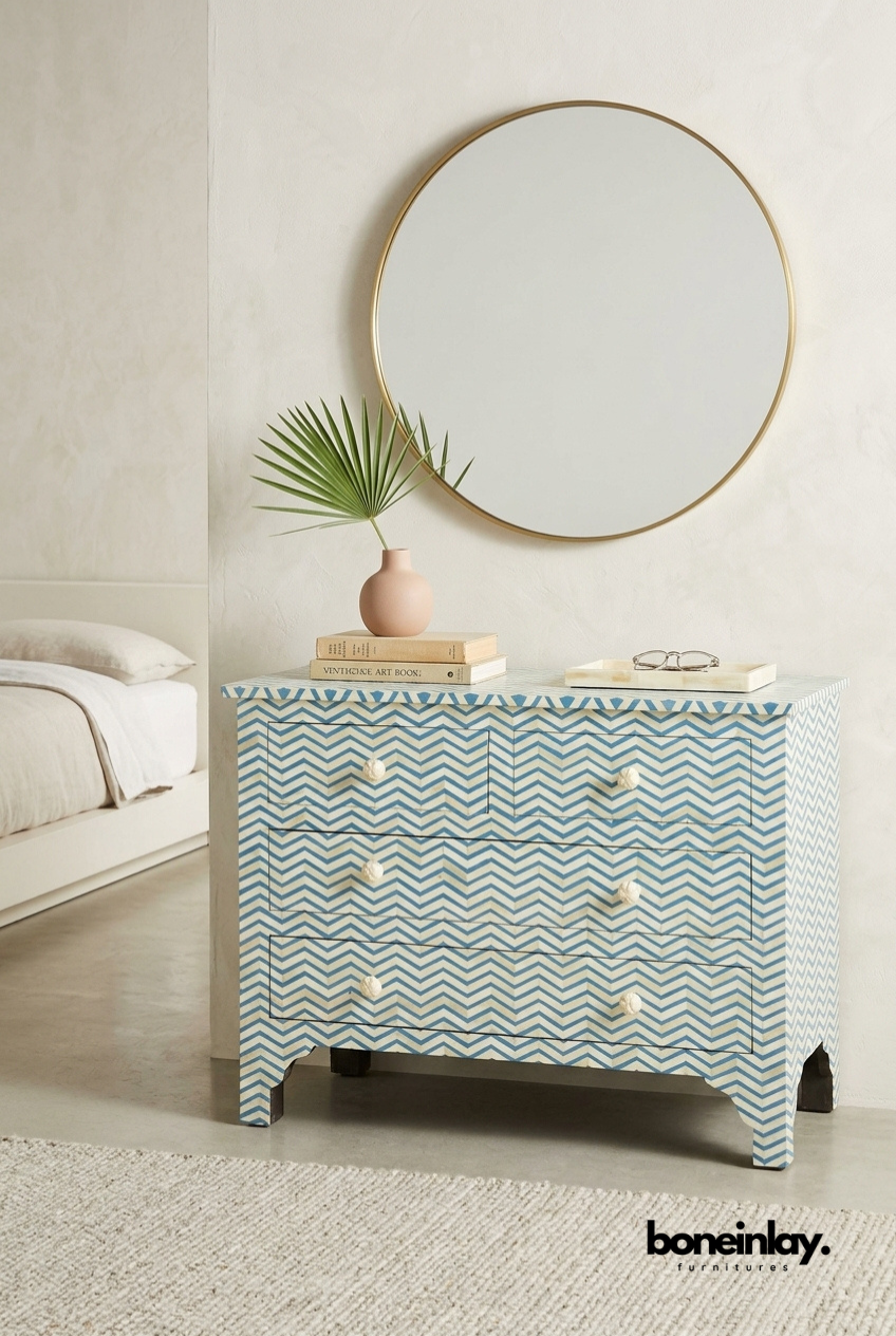 Handmade Bone Inlay Chevron Chest of Four Drawers