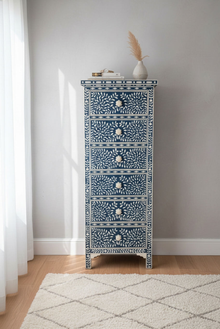 Blue Floral Bone Inlay Tallboy Chest with Six Drawers