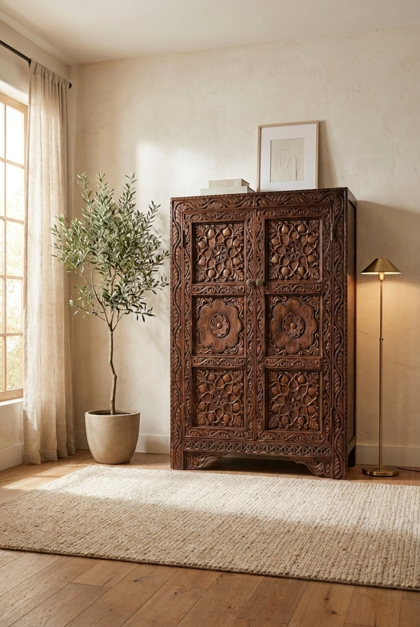 Antique floral carved armoire in solid wood, styled in living room beside a potted tree, floor lamp and woven rug.