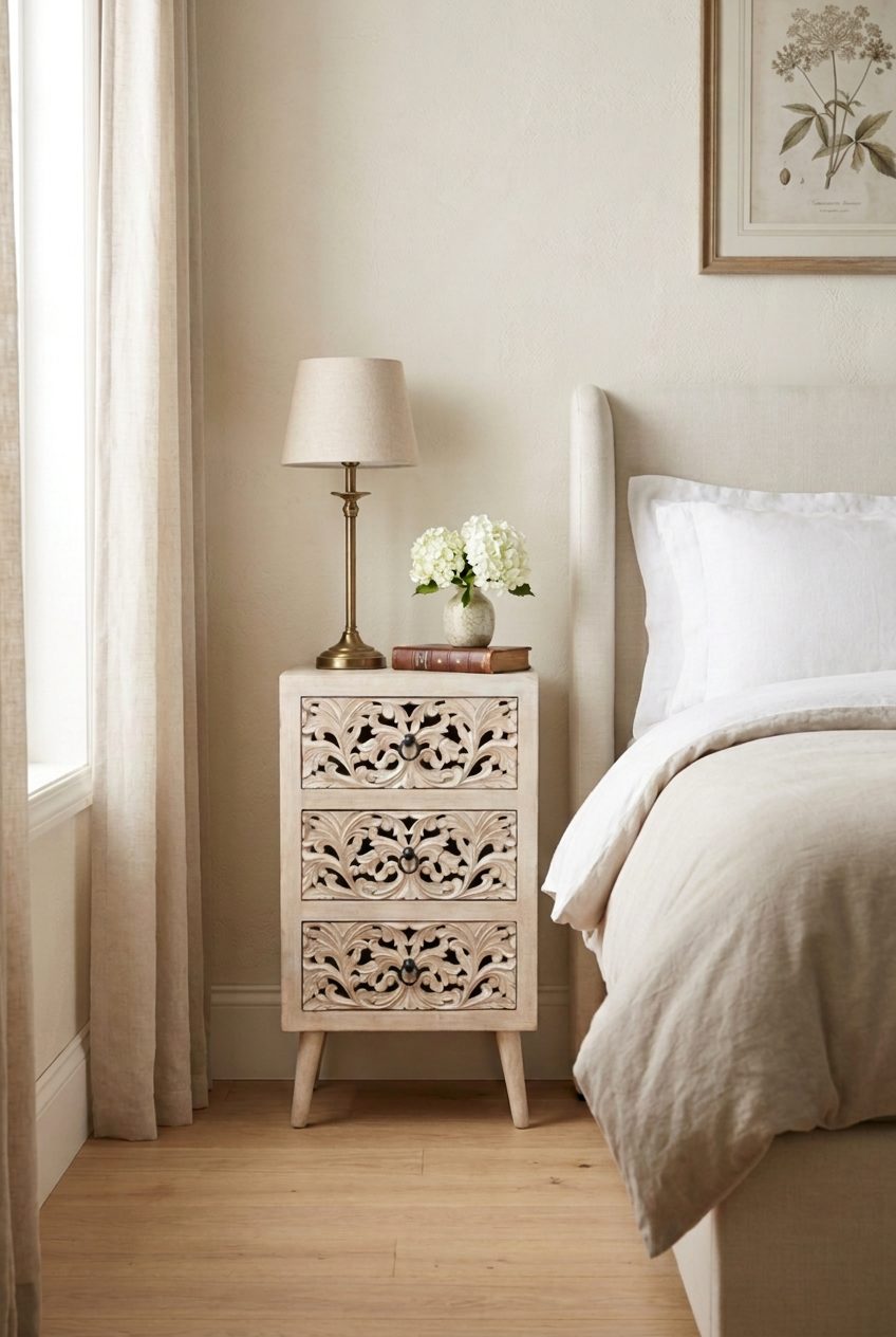 Rustic floral carved nightstand in solid wood, styled in bedroom beside an upholstered bed with a lamp and flowers.