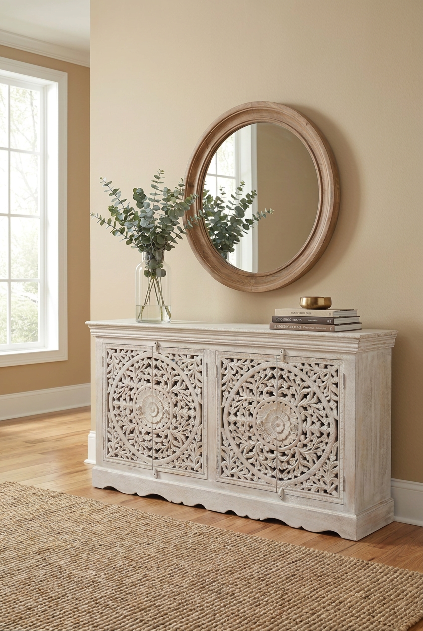 Artisanal Hand-Carved Credenza in solid wood, styled in entryway beneath a round mirror beside a glass vase.