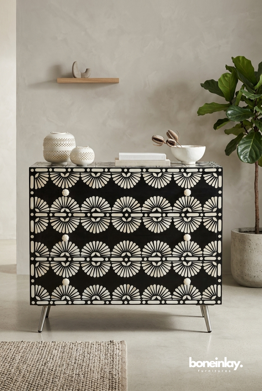 black art deco dresser Bone Inlay 3-Drawer Size:14 US Women (11 UK/AU) Prepac Simply Modern Dresser, RECUTS-JULY-2025 Topped with a recessed