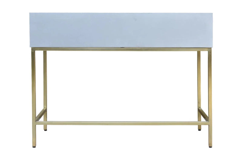 Rear view of bone inlay 2-drawer console desk with gold metal frame, crafted from mango wood by Indian artisans, modern luxury furniture