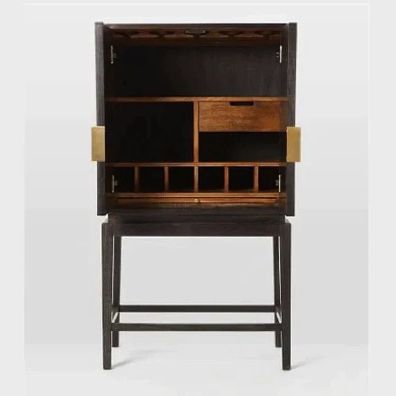 Interior of Bone Inlay Bar Cabinet with Built-in Wine Glass Rack, Bottle Slots, Drawer and Open Shelves on Dark Wood Stand