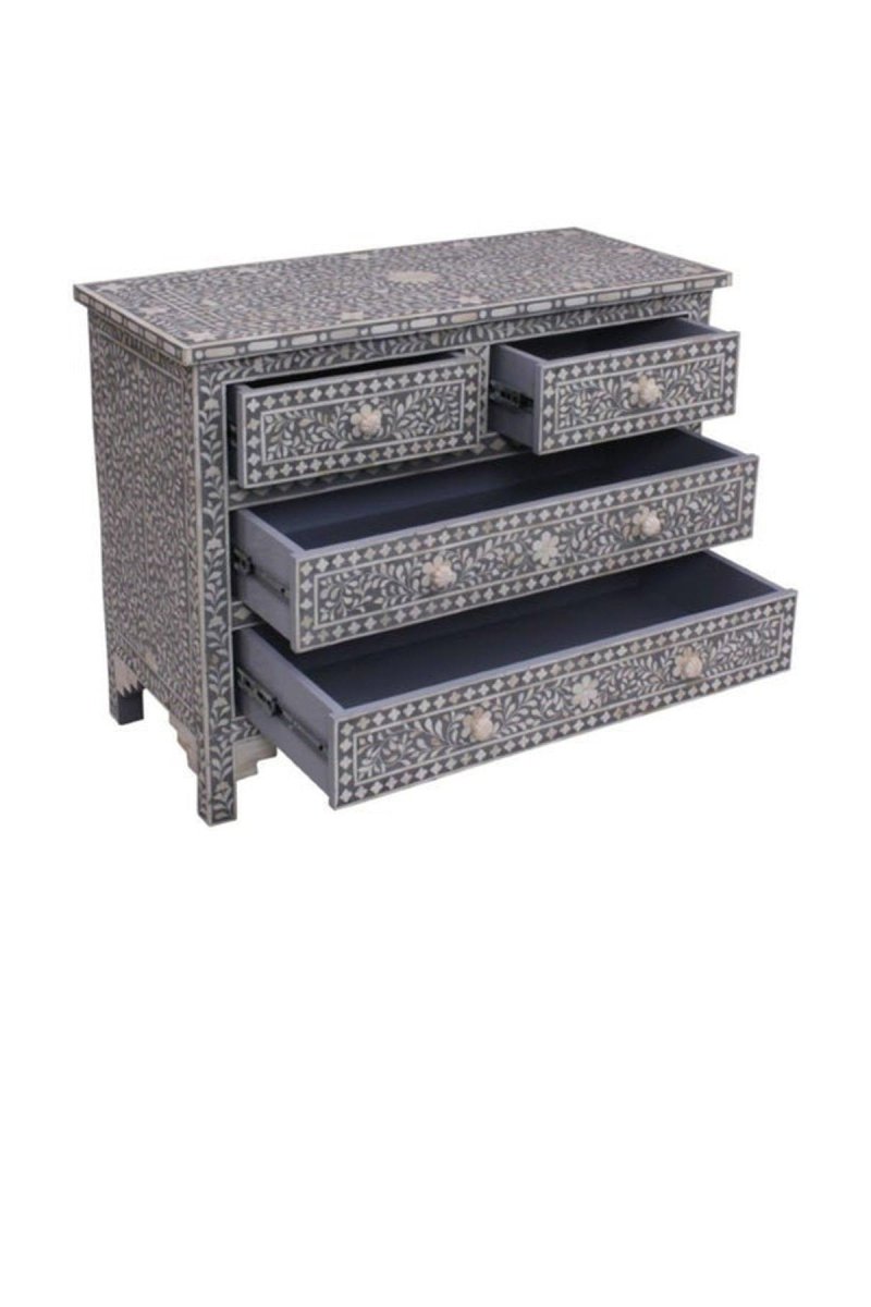Handmade bone inlay 4-drawer dresser in grey chevron pattern, crafted from mango wood with camel bone inlay and lacquered surface