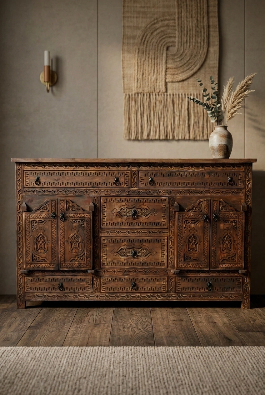 Brown carved wood sideboard styled in entryway, with ornate drawer fronts, paired cupboard doors and a ceramic vase.