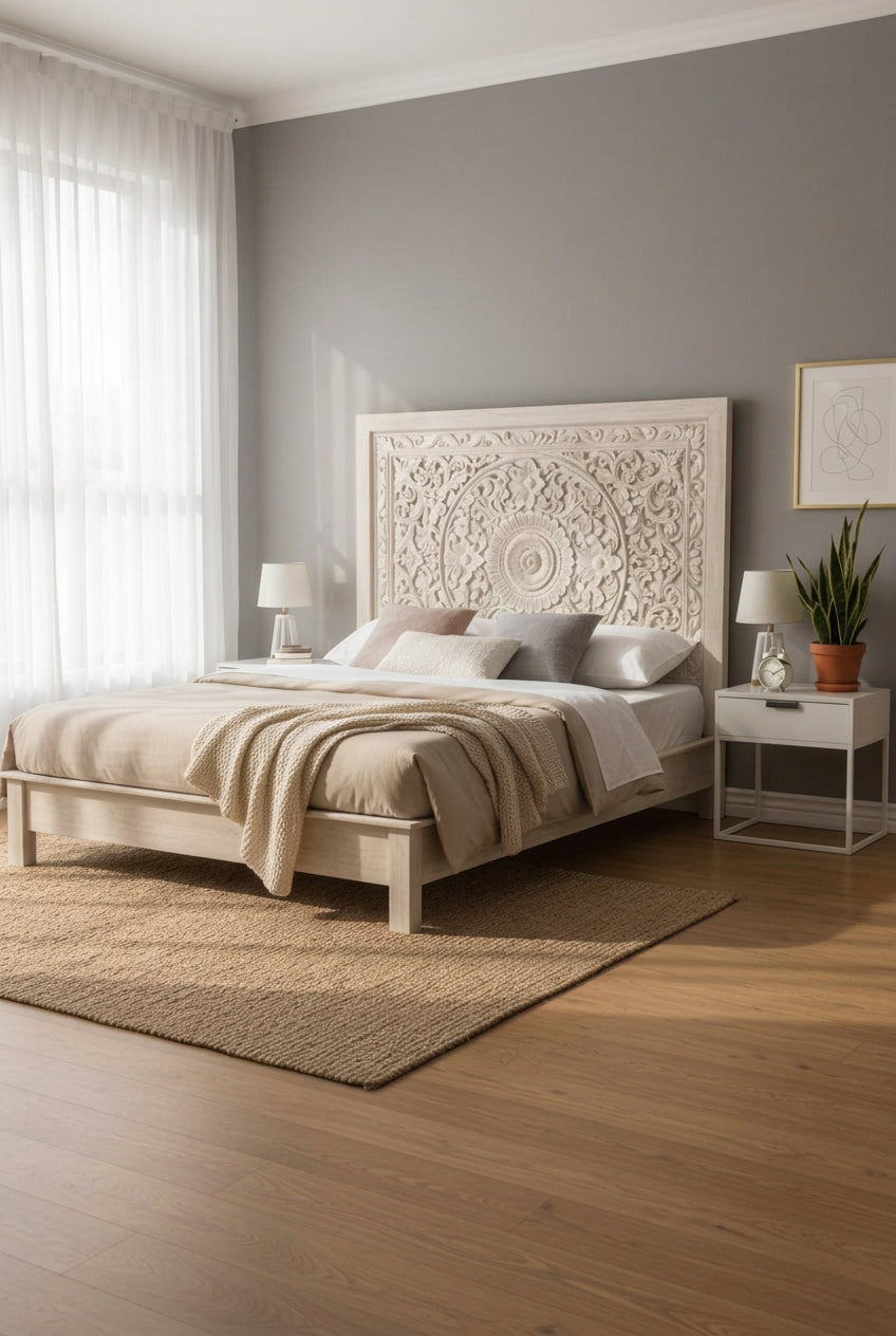 Hand-Carved Wooden Bed with Mandala Design Headboard
