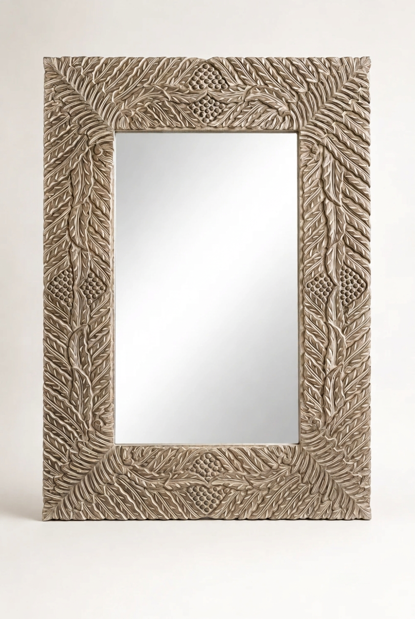 Rustic rectangular wall mirror in solid wood, front view showing a wide frame with carved leaves and vine relief.