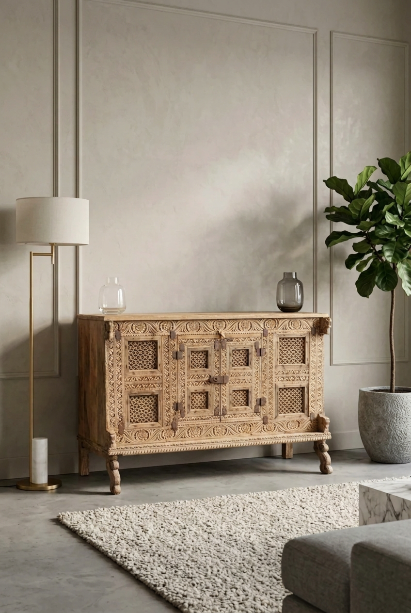 Hand-carved wood sideboard with pale lattice doors and iron hardware, front view in a neutral room beside a plant.