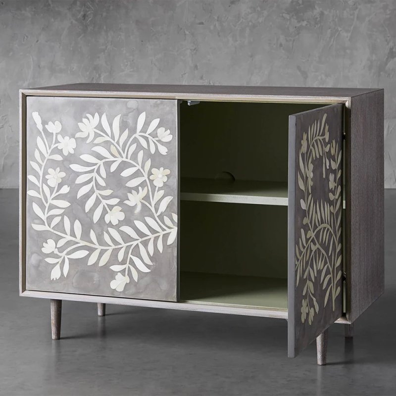 Charcoal two-door botanical sideboard with white bone inlay leaf scrollwork, tapered mid-century legs, elegant living room furniture