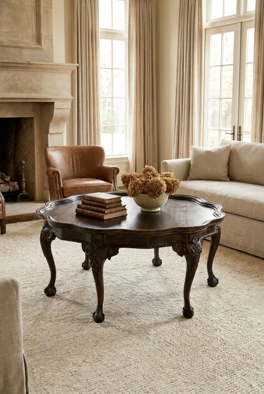 Dark wood coffee table styled in a living room, with a round top, curved legs and a sofa behind it.