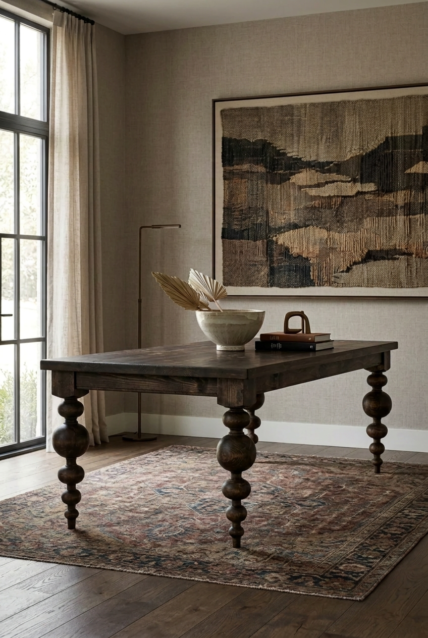 Dark Rustic Wooden Dining Table with Turned Legs, Traditional Farmhouse Dining Table, Solid Wood Dining Room FurnitureDark Wood Orb Baluster Table