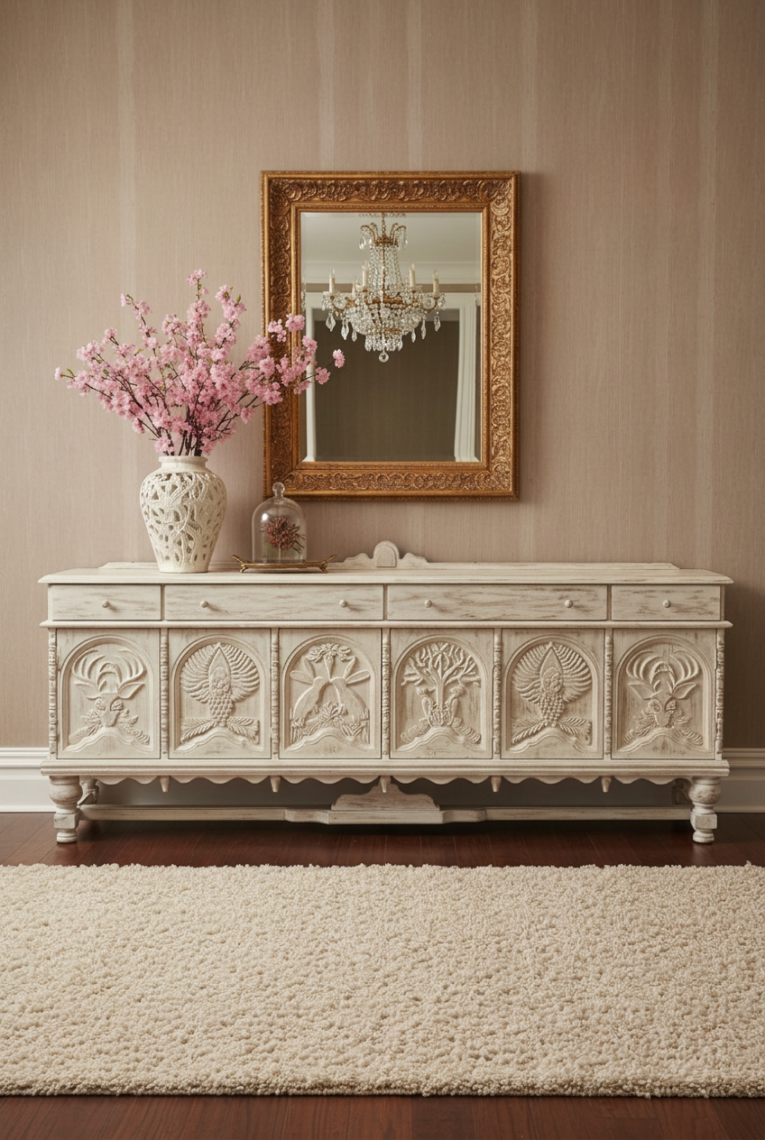 A long, distressed white solid wood sideboard with six intricately hand-carved wildlife door panels, styled with pink flowers and a gold mirror.