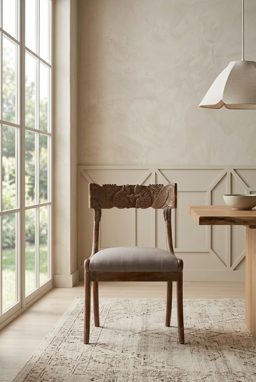 Handcarved Wooden Dining Chair With Upholstered Seat