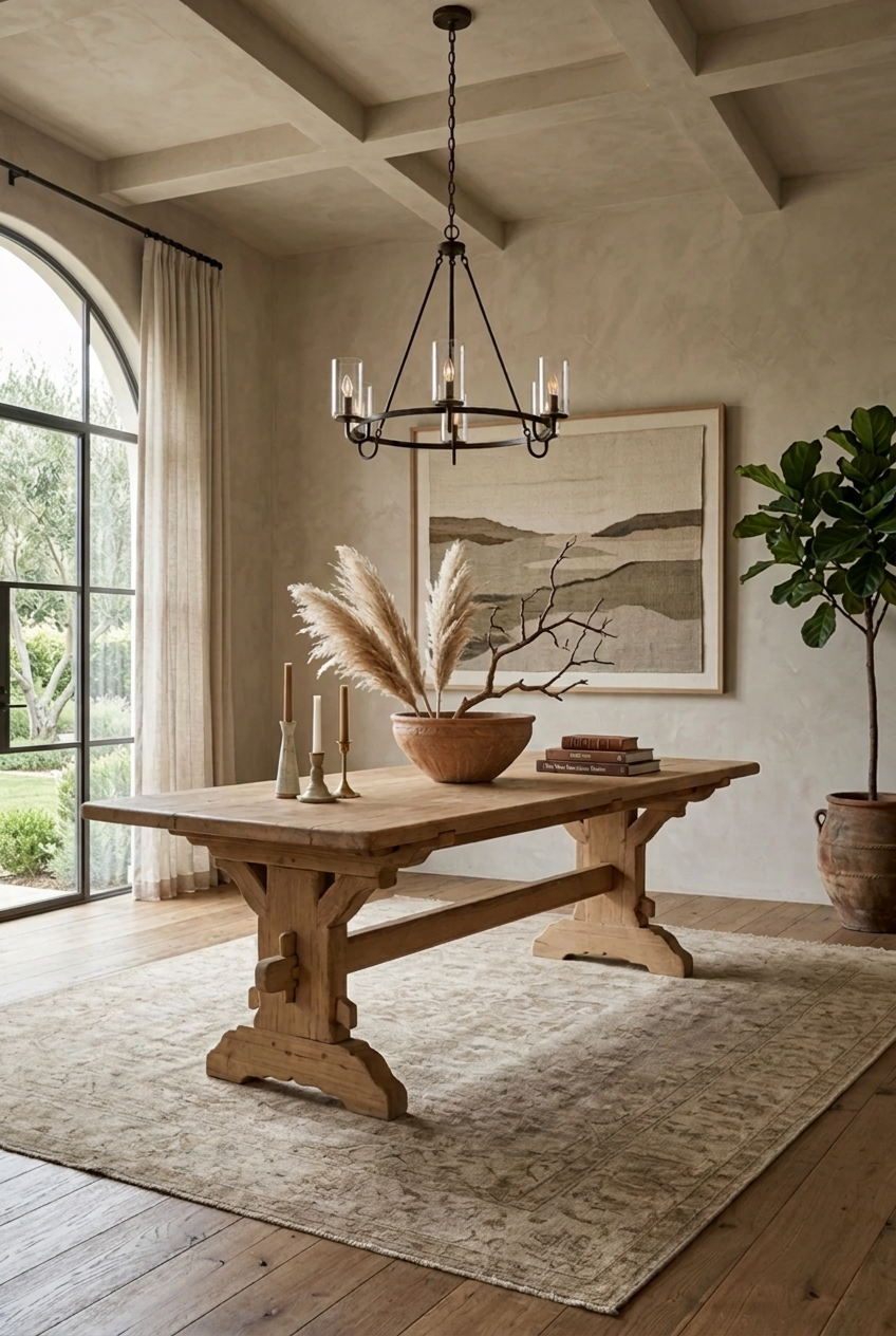 Rustic Farmhouse Trestle Dining Table in Solid Wood, Traditional Wooden Dining Room Table, Large Country Style Dining Furniture
