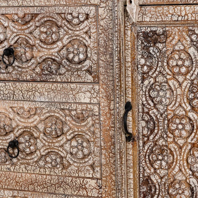 Floral wood server with a distressed finish, close-up of a drawer handle beside the deeply carved panel details.
