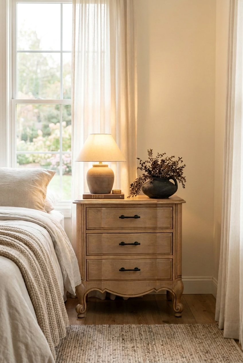 Walnut carved bedside nightstand with floral drawer pulls, styled in bedroom beside bed and curtain.