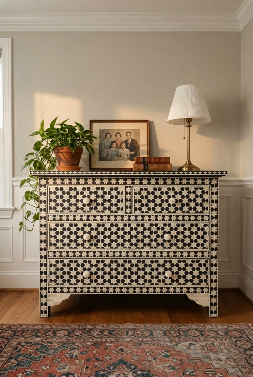 Black and white bone inlay 4-drawer dresser with geometric hexagon star pattern, styled in a bright bedroom with a lamp and potted plant