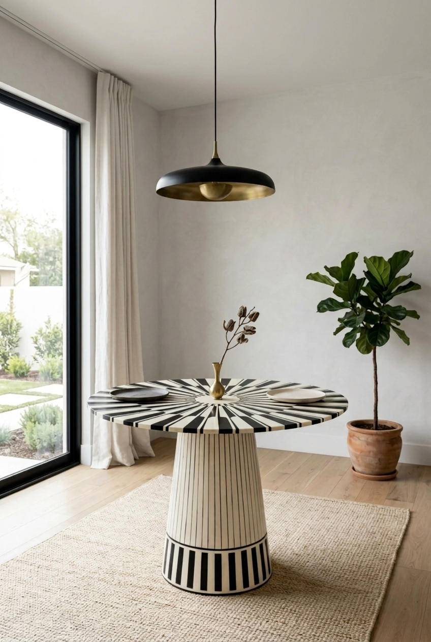 Handcrafted black and white bone inlay round dining table with starburst pattern tabletop and striped fluted pedestal base, styled in a modern dining room setting
