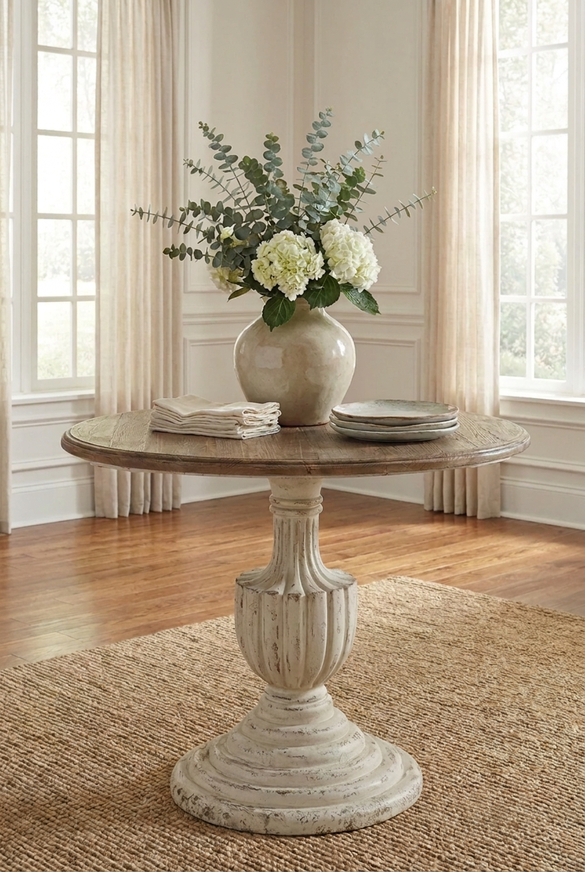 Rustic round pedestal table with distressed wood finish, farmhouse dining table, solid wood round table for living room