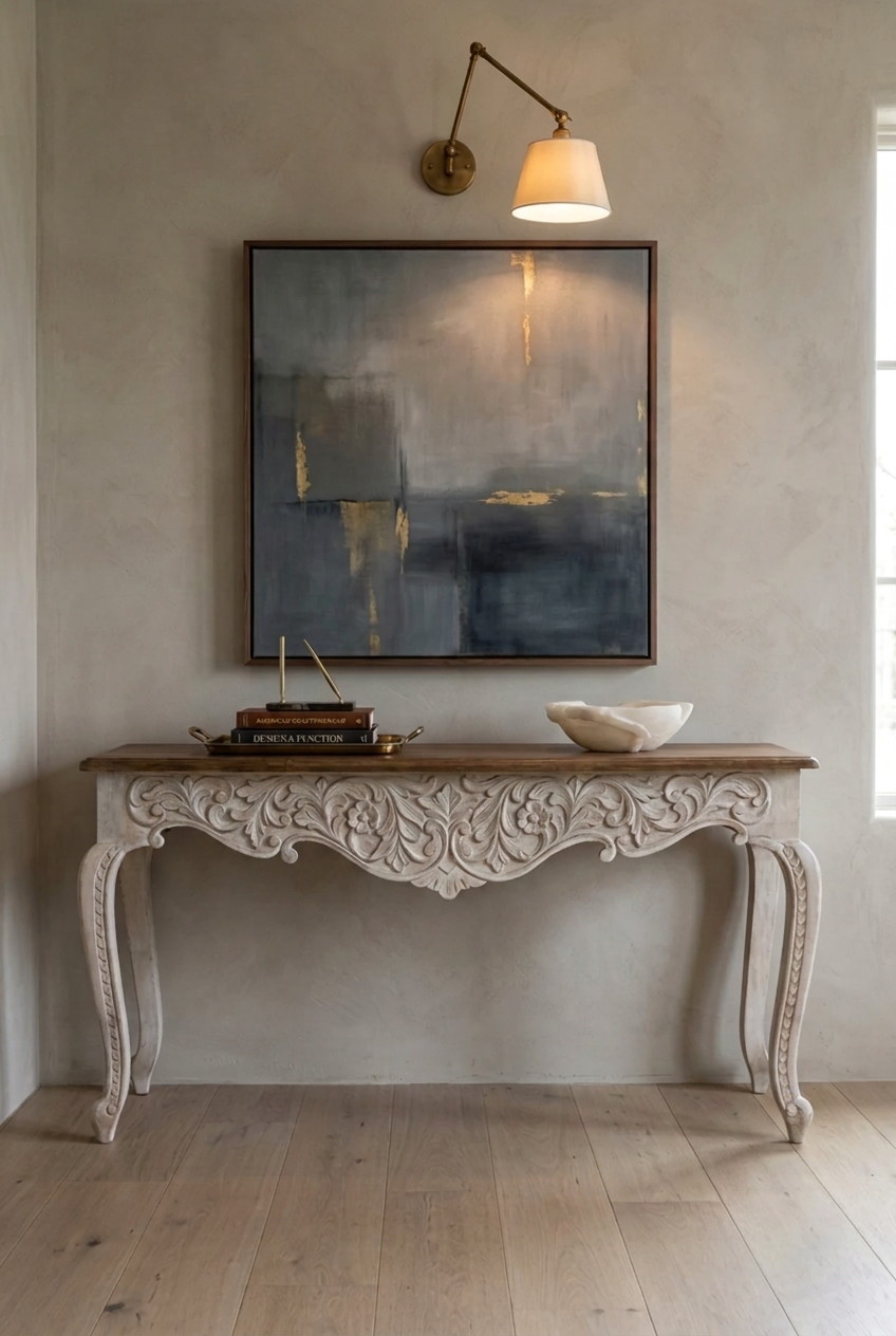 Rustic Carved Console Table in wood with a floral apron and curved legs, styled in entryway beneath artwork.
