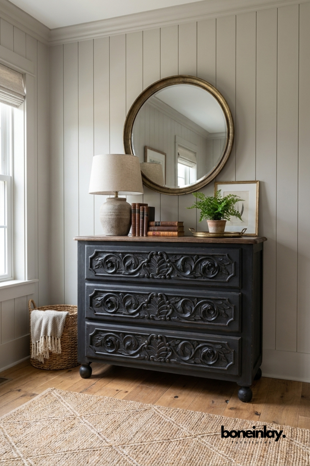 Hand-Carved Charcoal 3-Drawer Dresser