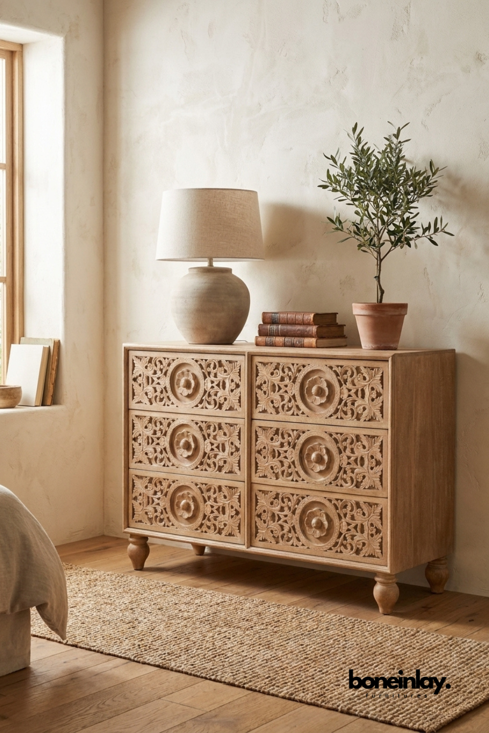Hand-Carved Floral 6-Drawer Mango Wood Dresser – Natural Bohemian Storage Chest