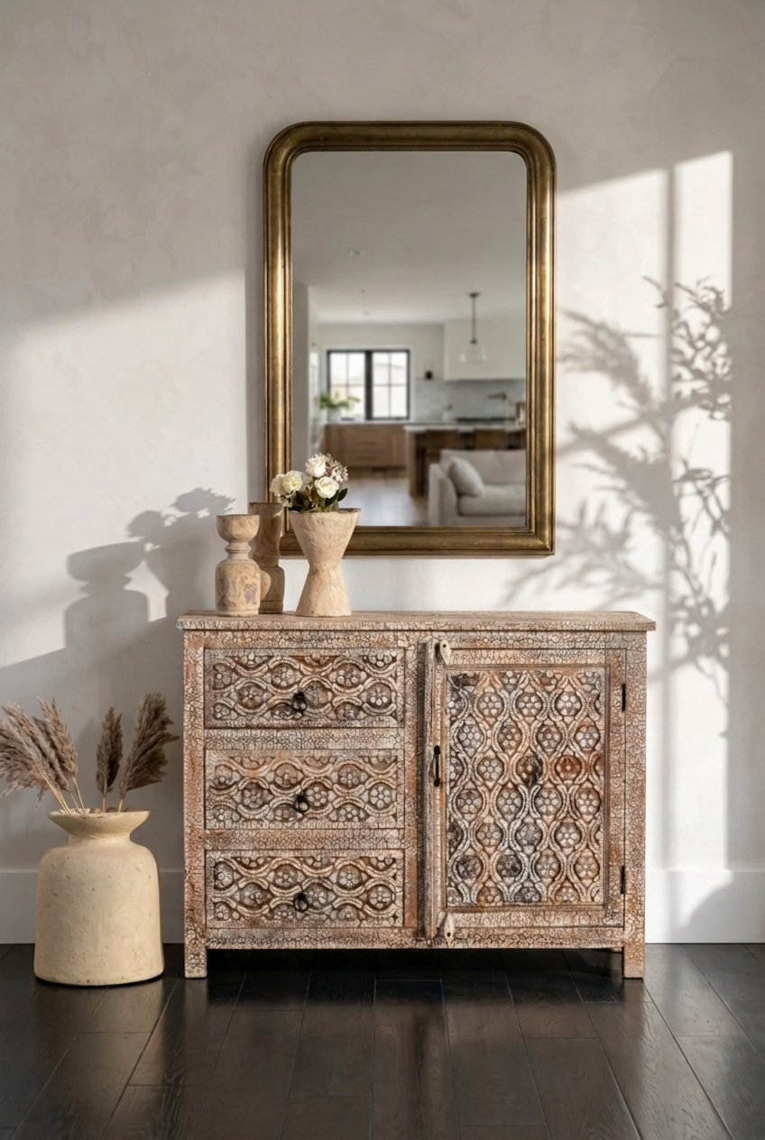 Carved wood credenza with a pale crackle-wash finish and floral panels, styled in an entryway beneath a wall mirror.