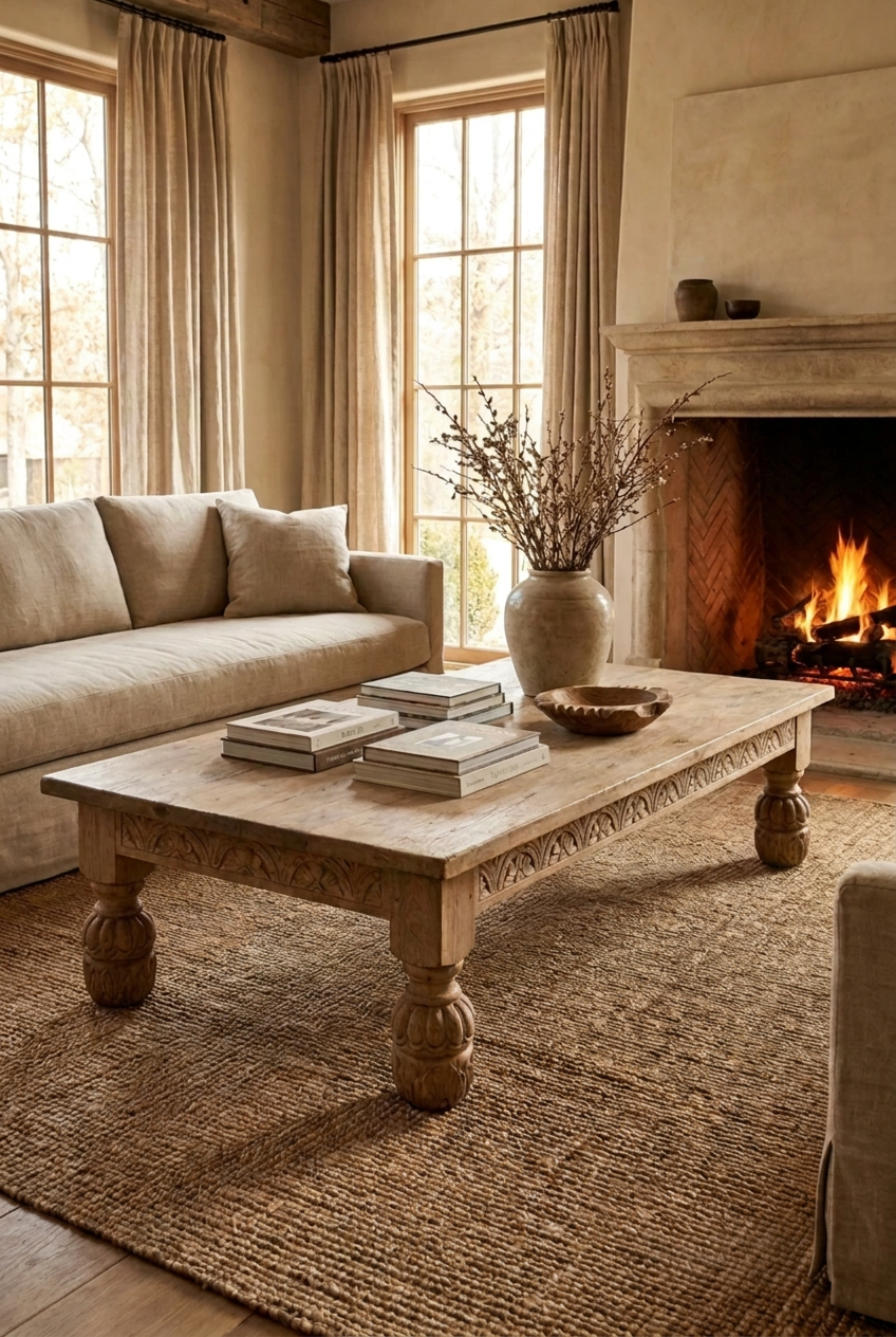 Hand-carved wood coffee table with a pale rectangular top and thick legs, styled beside a sofa and fireplace.