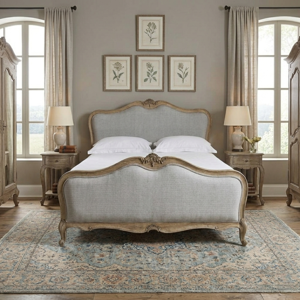 1940 Antique French Louis XV King Upholstered Bed – Bone Inlay