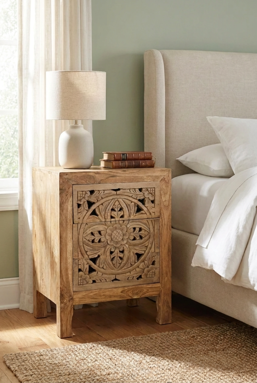 Hand Carved Solid Wood Bedside with Circular Floral Medallion Design