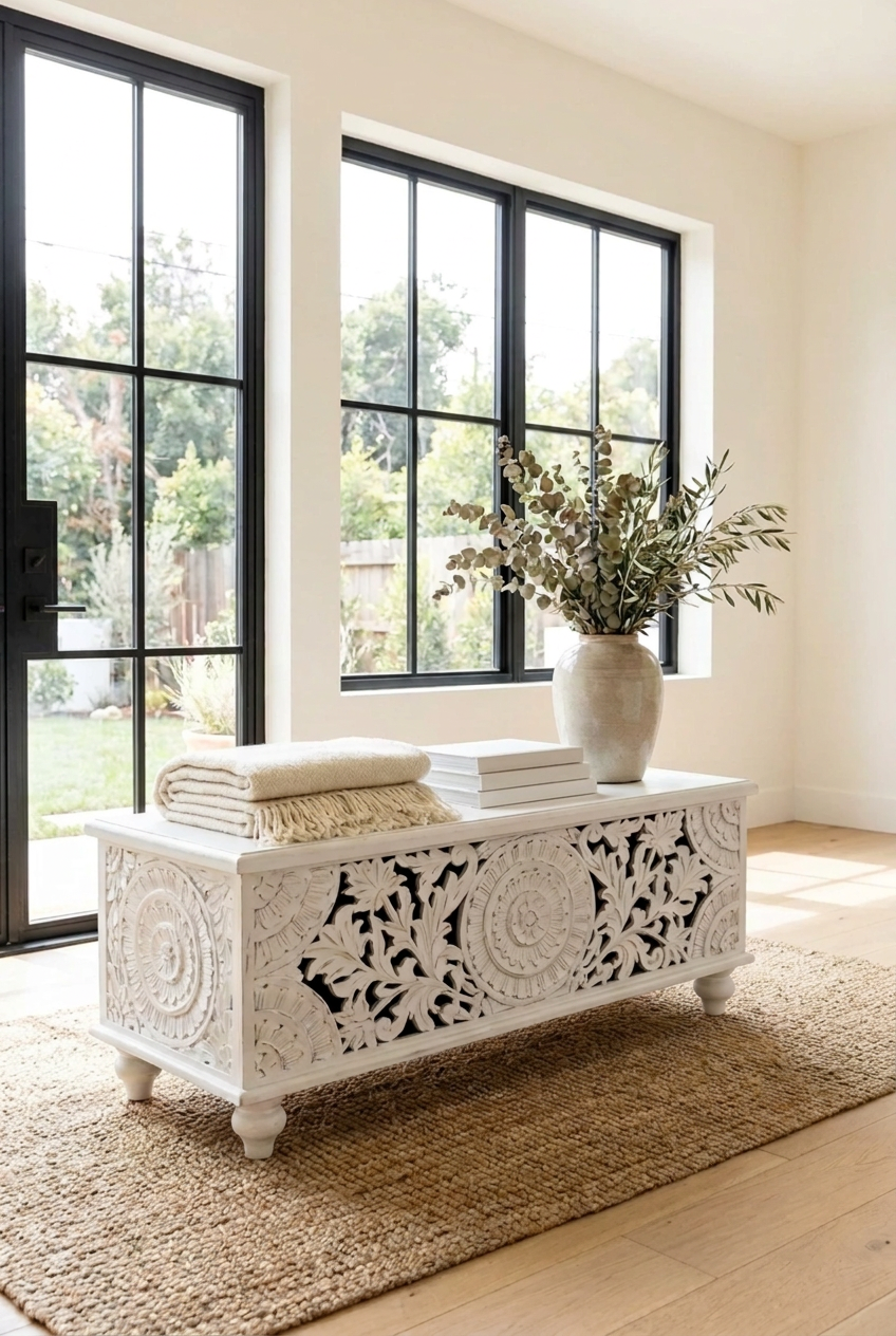 White Carved Blanket Box in solid wood, styled in entryway with folded throws, stacked books and a leafy vase.