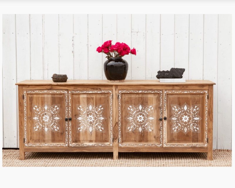 Handmade teak wood inlay sideboard styled with black vase and red roses – four-door bone inlay storage for living or dining room