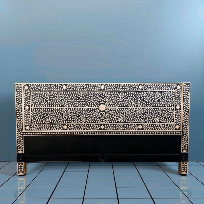 Handmade black bone inlay floral headboard with intricate vine and star pattern, solid wood luxury bedroom furniture