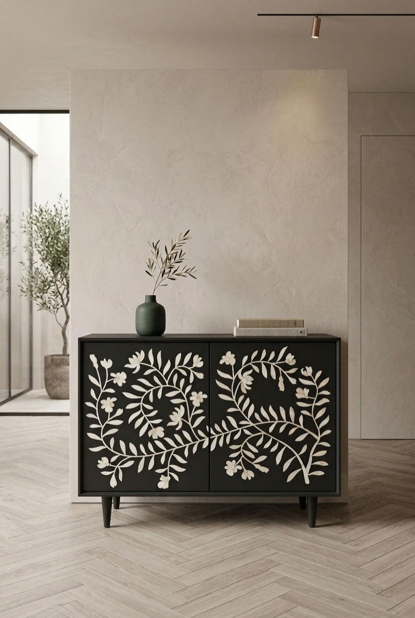 Handmade charcoal grey bone inlay two-door floral cabinet with ivory vine pattern and mid-century tapered legs on grey background