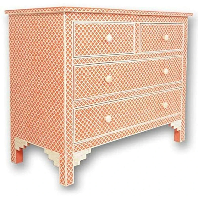 Terracotta and white bone inlay chest of drawers featuring a fish scale mosaic pattern, handcrafted Indian artisan furniture with 4 storage drawers