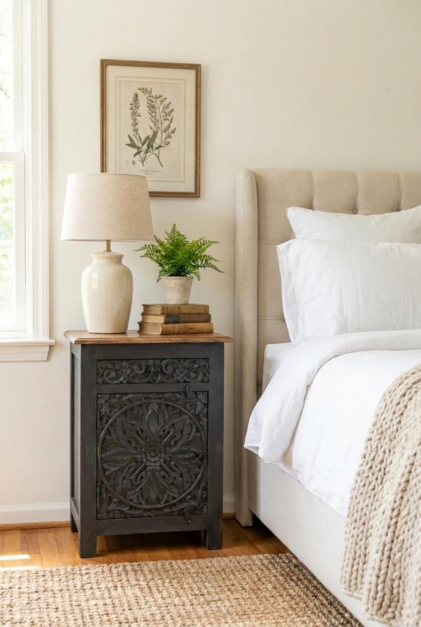 Handcrafted black carved solid wood bedside cabinet with intricate floral medallion door, natural wood top, single door storage, and traditional hand-carved detailing, styled beside an upholstered bed in a modern farmhouse bedroom.