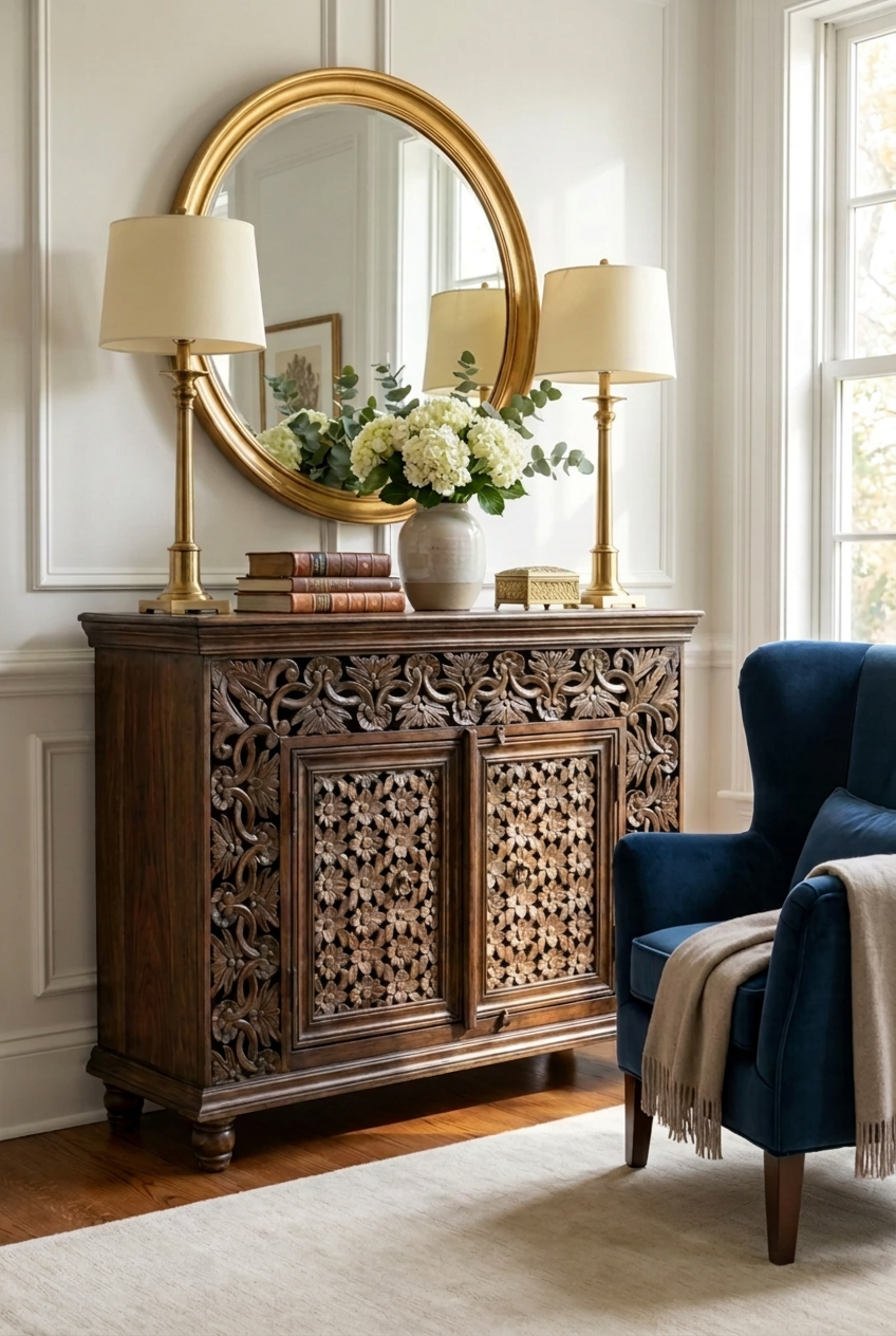 Handmade floral carved sideboard in natural solid wood, styled in living room beneath a round mirror beside a blue chair.