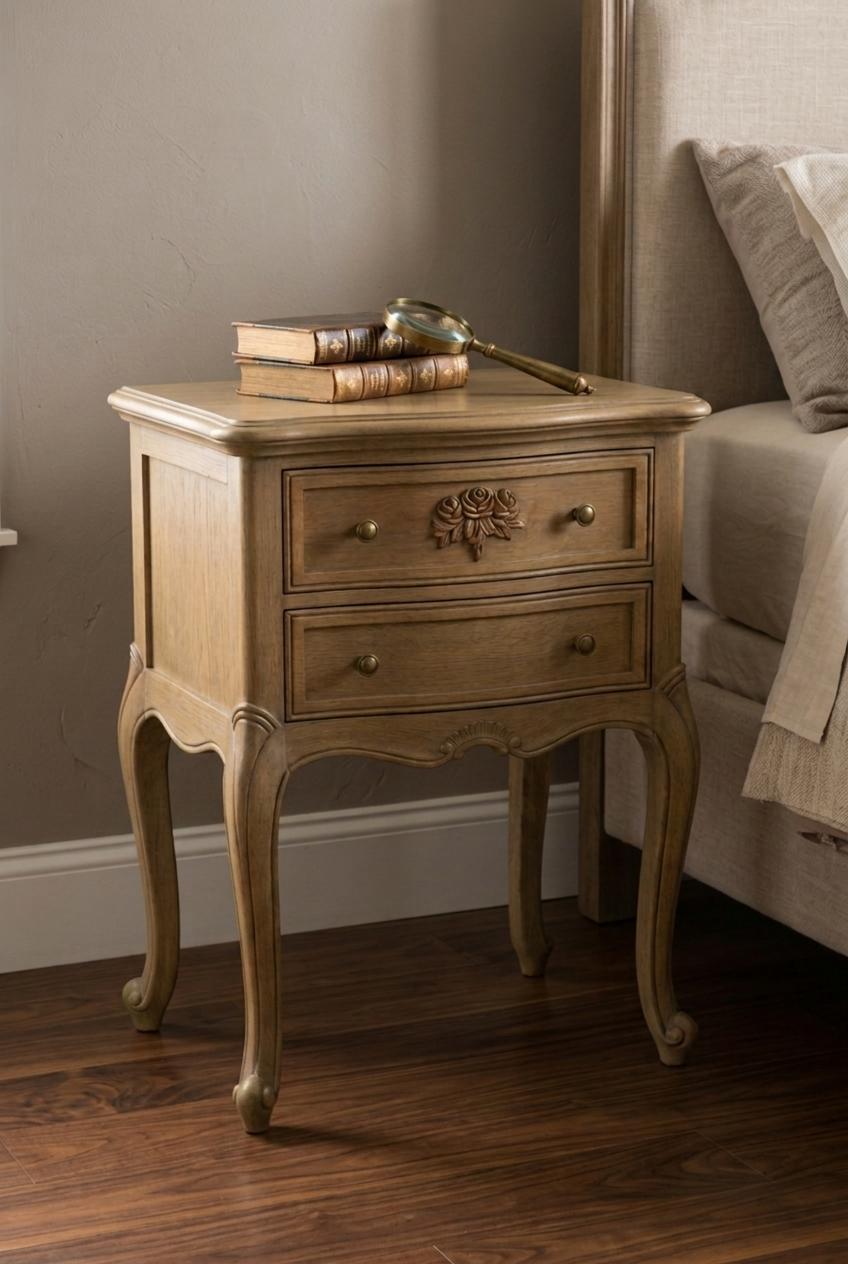 Antique oak nightstand featuring a hand-carved floral rosette drawer front and elegant curved cabriole legs. Two spacious drawers with brass knob pulls offer classic bedside storage. Styled with a stack of leather-bound books and a vintage brass magnifying glass beside a linen bed. A timeless statement nightstand for traditional and vintage-inspired bedrooms.