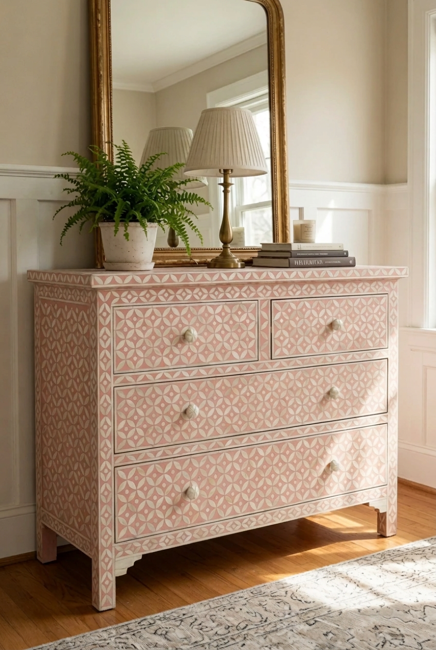 Handmade pink bone inlay chest of 4 drawers with geometric star pattern, ivory bone knobs, solid wood construction, styled in a bright bedroom setting