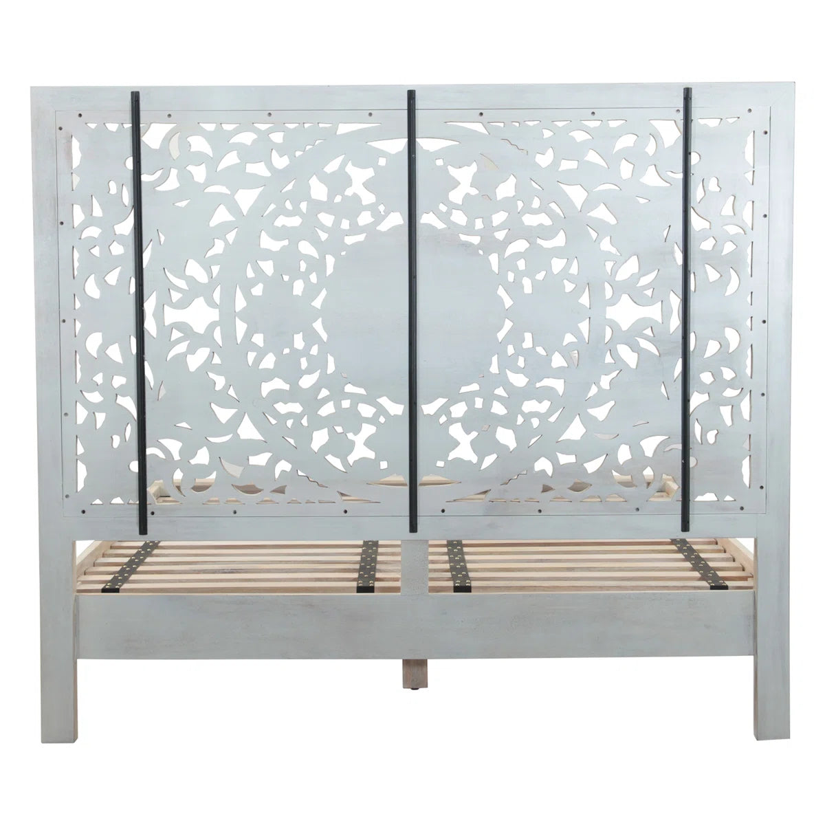 Haveli Hand-Carved Solid Wood Platform Bed with Intricate Mandala Headboard in Heirloom White