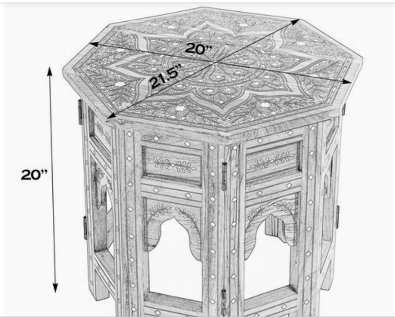 Technical sketch of Hexagonal Bone Inlay Teak Wood Statement Side Table with dimension markings showing 20-inch height and 20-inch width, illustrating the hexagonal tabletop with bone inlay star pattern and arched open base.