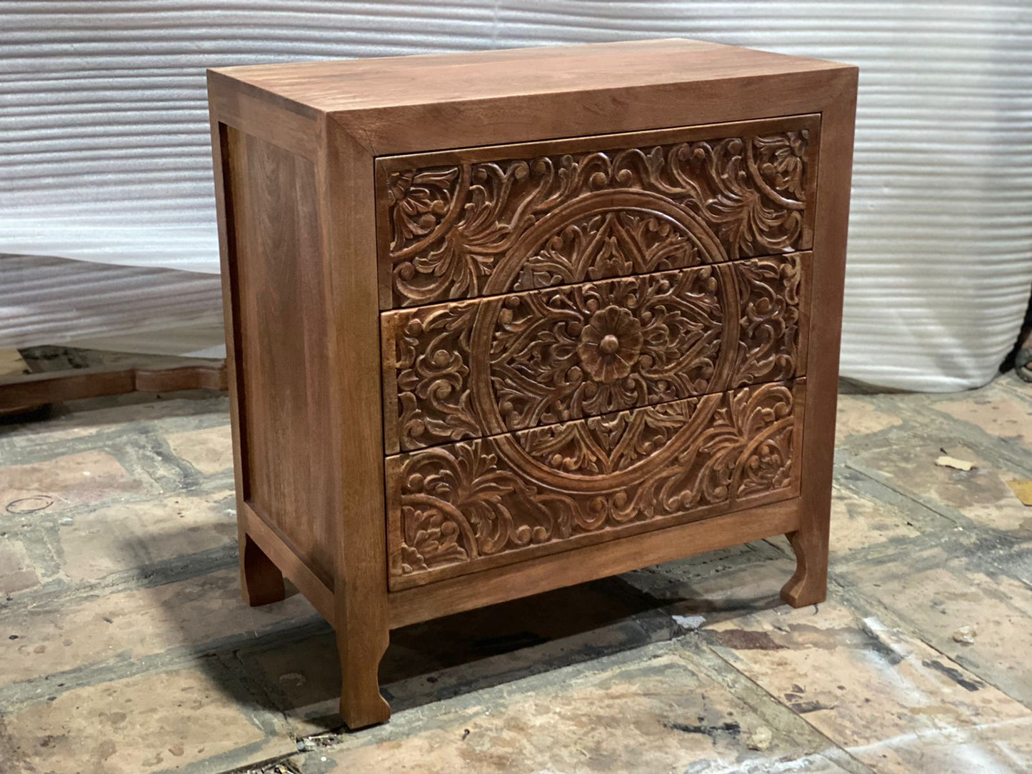 Marrakesh Floral Hand-Carved Natural 3-Drawer Dresser | Bohemian Style
