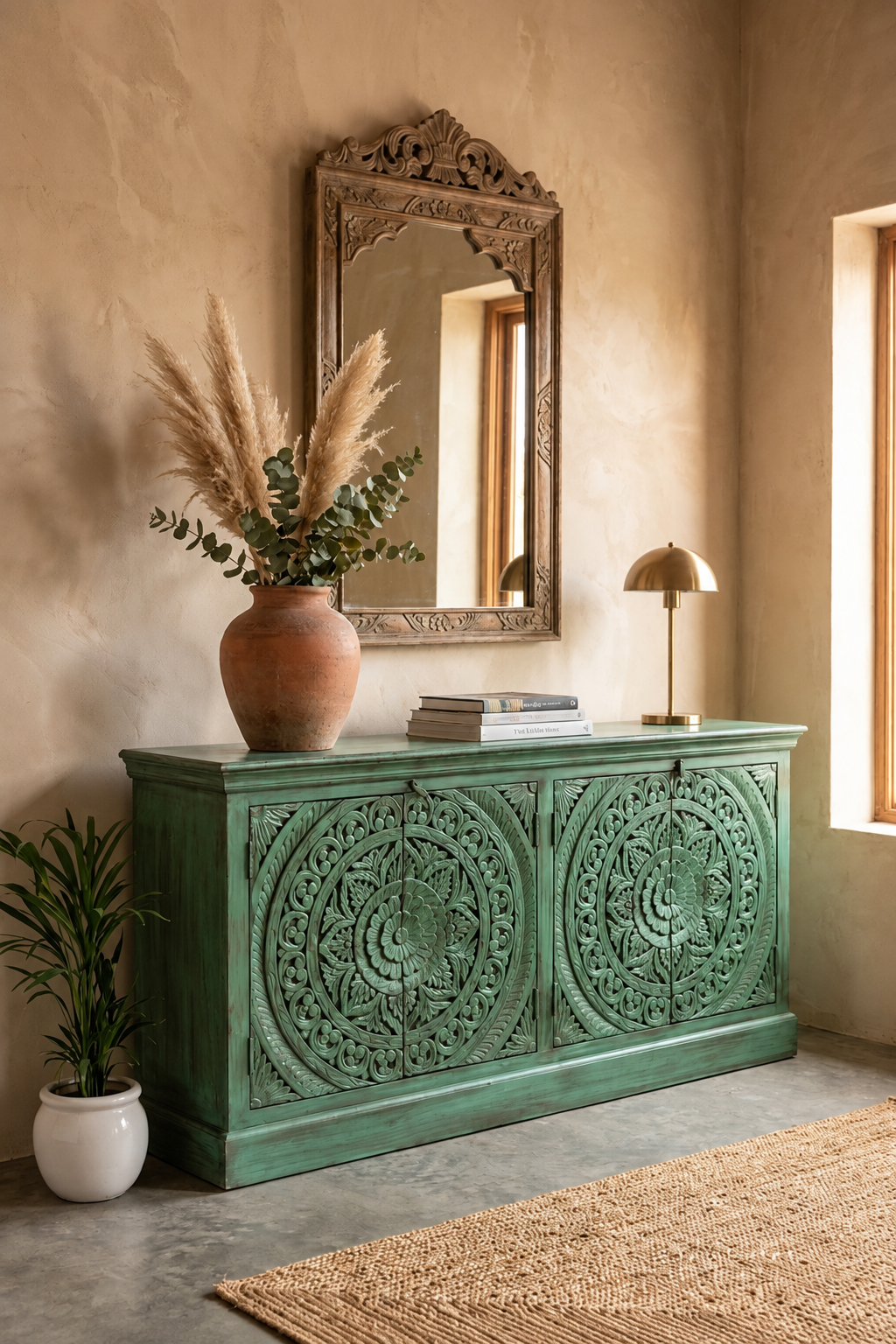 Jade Haven green wood sideboard with hand-carved floral mandala doors, shown with its decorative front on display.
