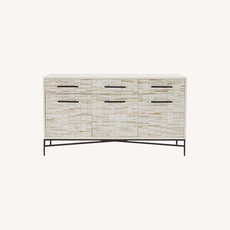 Luxury bone inlay storage sideboard featuring a full symmetrical tiled front, matte black bar handles on three drawers and two doors, iron trestle base