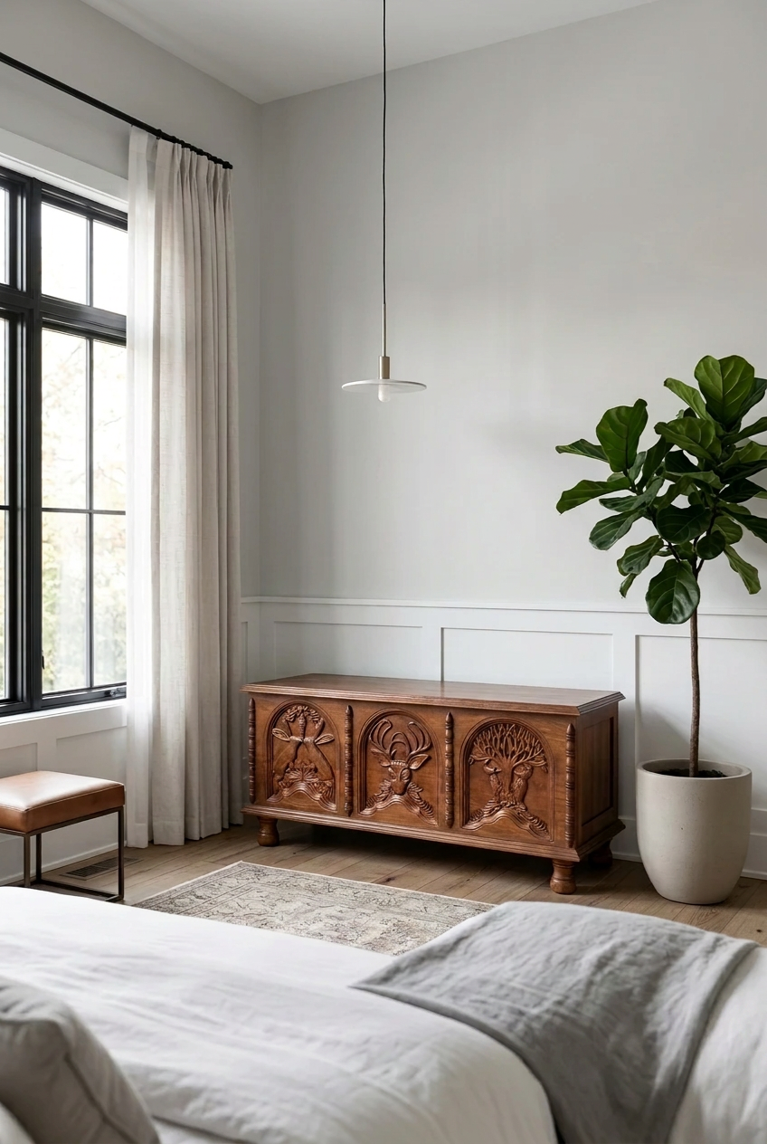 menagerie coffee table in carved wood, styled in bedroom beside a potted tree, with three decorative front panels.