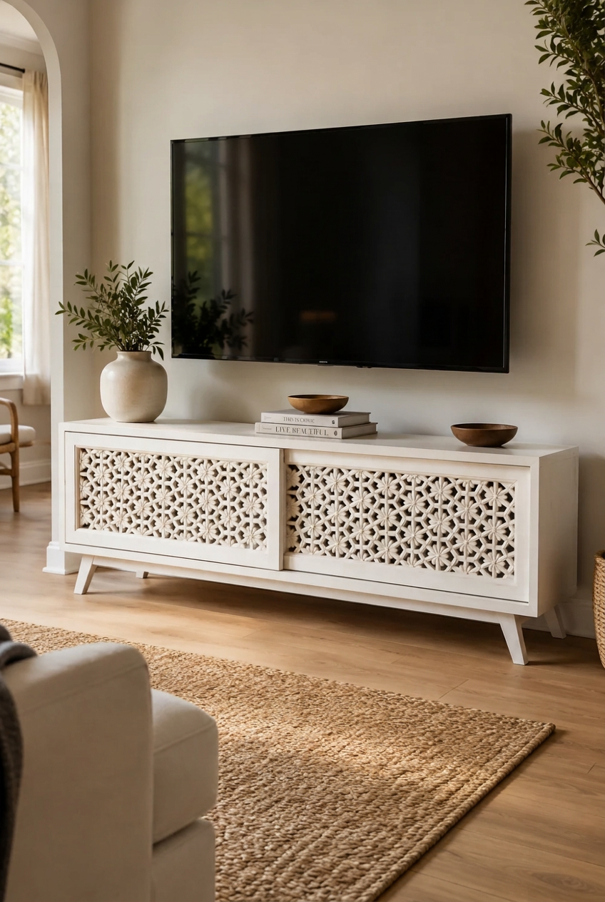 White carved wood TV console with a star lattice pattern on sliding doors.
Two sliding cabinet doors provide hidden storage for media equipment.
Tapered wood legs give it a light, mid-century silhouette.
Styled beneath a mounted TV in a bright, boho-inspired living room.