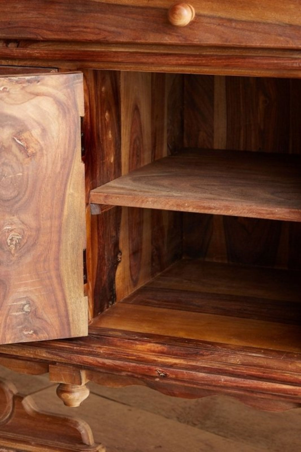 Natural Wood Storage Credenza, front view closely showing an open cabinet compartment with a shelf and visible wood grain.