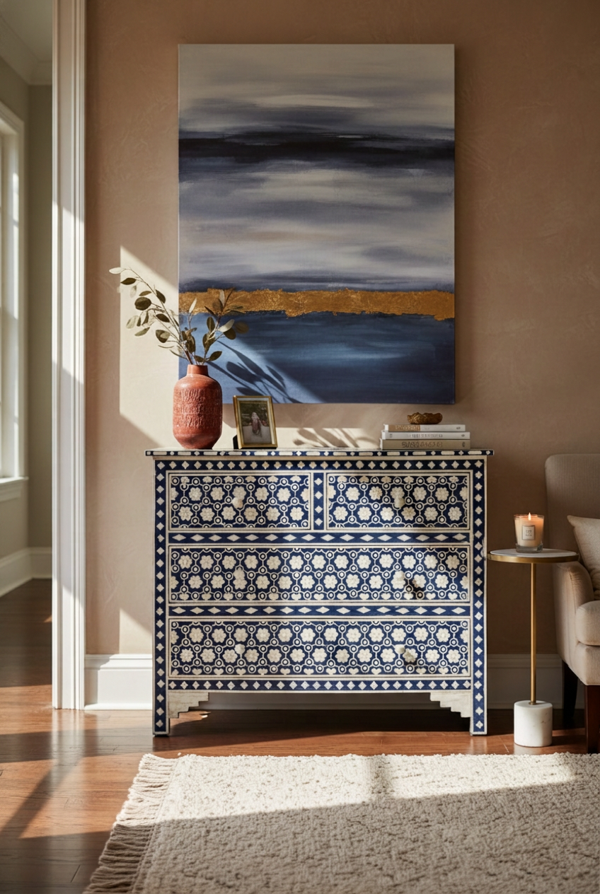 Navy Blue Moroccan Star bone inlay dresser styled in a warm living room setting, featuring 4-drawer storage, handcrafted hexagonal geometric pattern on mango wood frame.